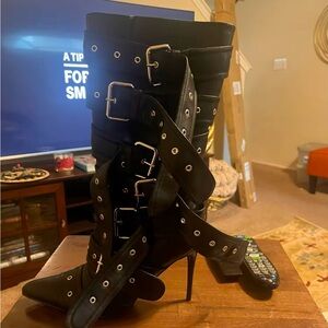 Onlymaker Women Pointed Toe Mid-Calf Boots Buckle Strap Thin High Heel